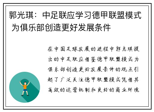 郭光琪：中足联应学习德甲联盟模式 为俱乐部创造更好发展条件