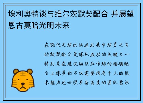 埃利奥特谈与维尔茨默契配合 并展望恩古莫哈光明未来